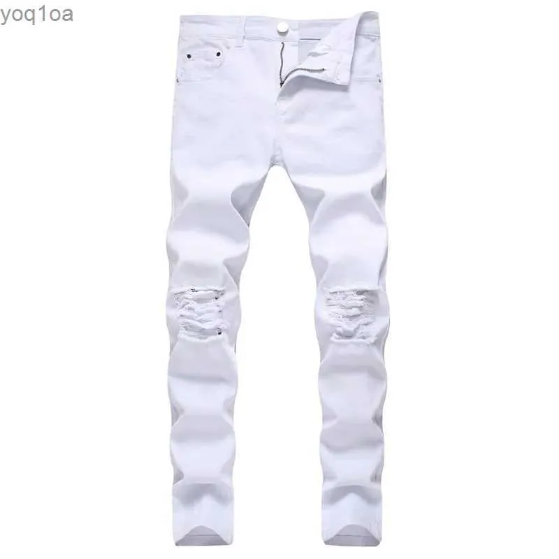 Heren jeans heren mode traan elastische strakke jeans broek heren vernietigd vaste simfit jogging potlood denim pantsL2404