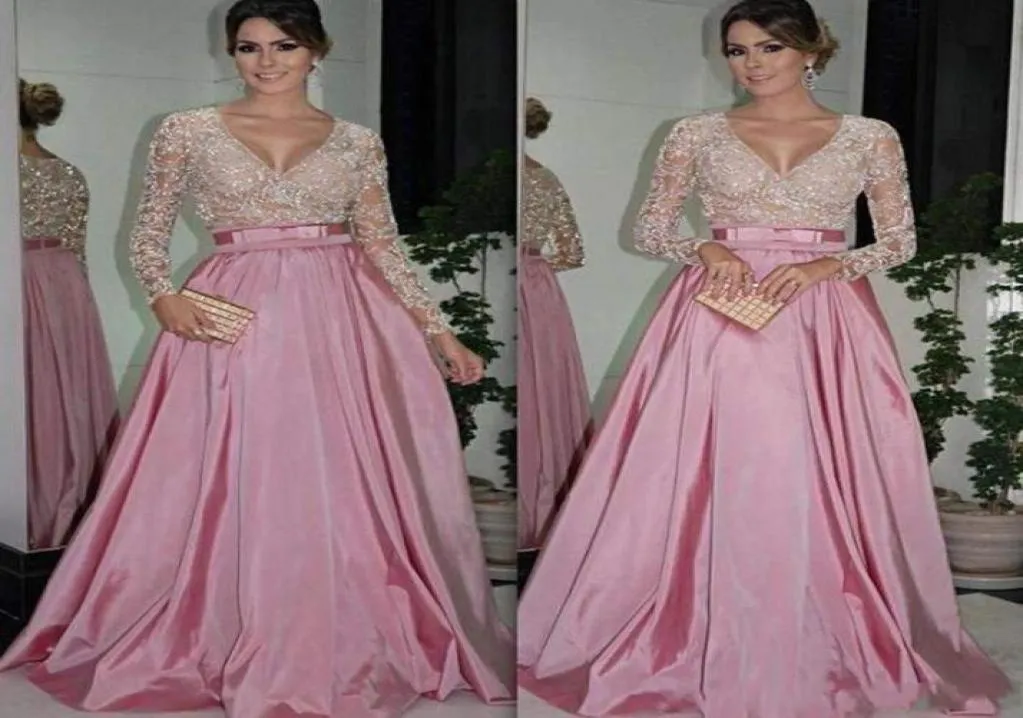 Designer 2019 abiti da sera sexy con abiti da ballo con perline di applique in pizzo a maniche lunghezza da pavimento taffeta lunghi abiti da sera formali wit7726161