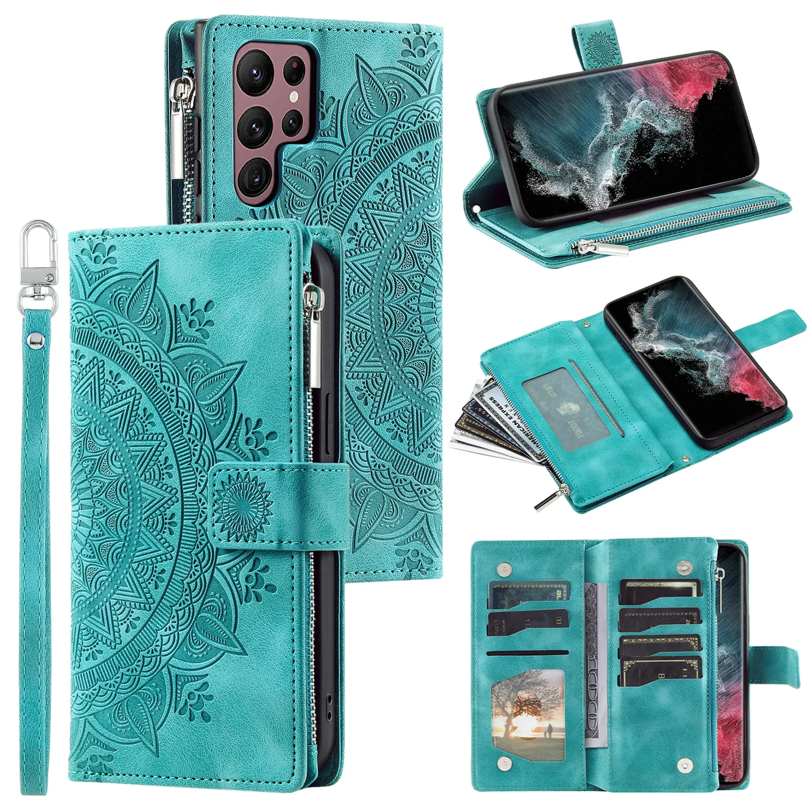 Étuis de téléphone en cuir PU à glissière pour Samsung Galaxy S24 S23 S22 S21 S20 Note20 Ultra Note10 Plus Porte-monnaie Totem Flip Flip Cover Cover With Multi Carte Slots