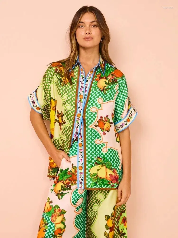 Kvinnors spårsättningar Beach Holiday Retro Hawaii Tryckt byxor Suit Kort ärmskjorta Blus Top Loose Long 2 Piece Set Summer Casual Outfits