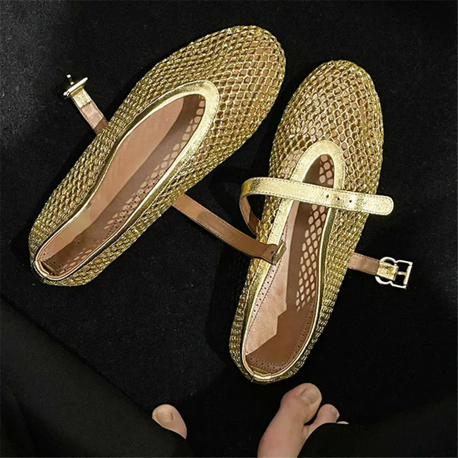 Gold Women Flats Sapatos de dança de balé Hollow Out Mesh Walking Supoties Ladies Mary Janes Strap Sandrilles Sandals Sandals 240419