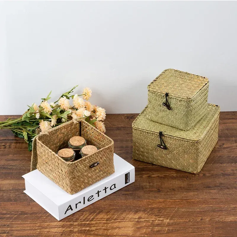Bins Rattan Storage Box with Lid Seagrass Woven Storage Basket Lid Handmade Basket Cosmetic Wicker Container for Desktop Office Decor