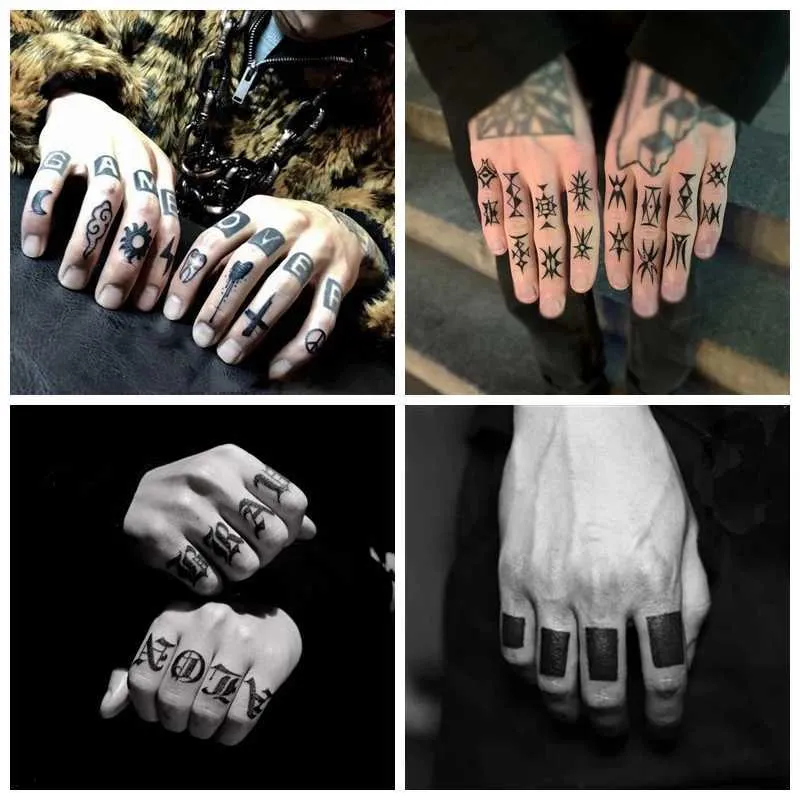 Tatuering överföring finger tatuering klistermärken bokstav liten mönster vattentät personlighet coola falska tatueringar män svart hand tillbaka tillfällig tatuering kvinnor 240426