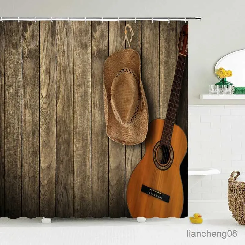 Rideaux de douche décoration musicale rideau de douche Clef illustration cowboy rideaux de guitare art déco tissu tissu de salle de bain décoration