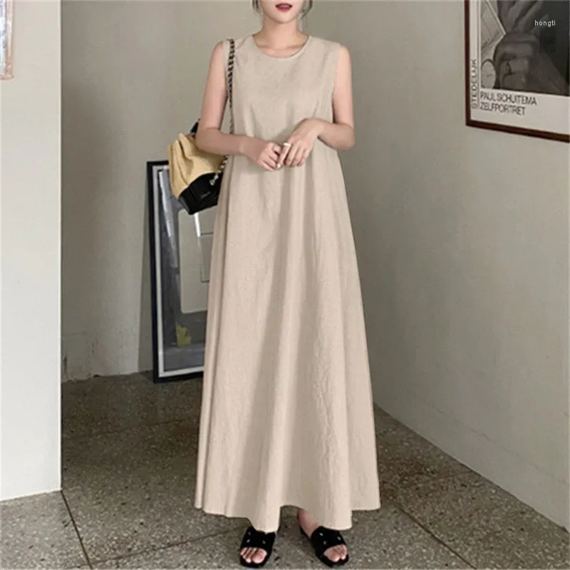 Robes décontractées Femmes Elegant Solid Color Robe maxi Sans manchette O Cou Vintage Harajuku Cotton Linon Loose Sundor