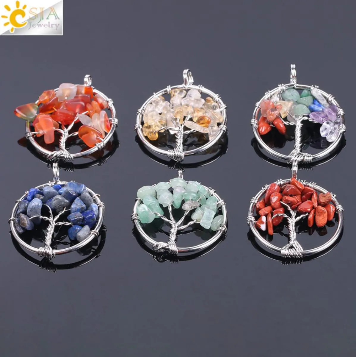 CSJA Tree of Life hanger hele natuurlijke chakra edelsteen kralen chips zilveren charmes voor ketting choker oorbel armband sieraden9797172