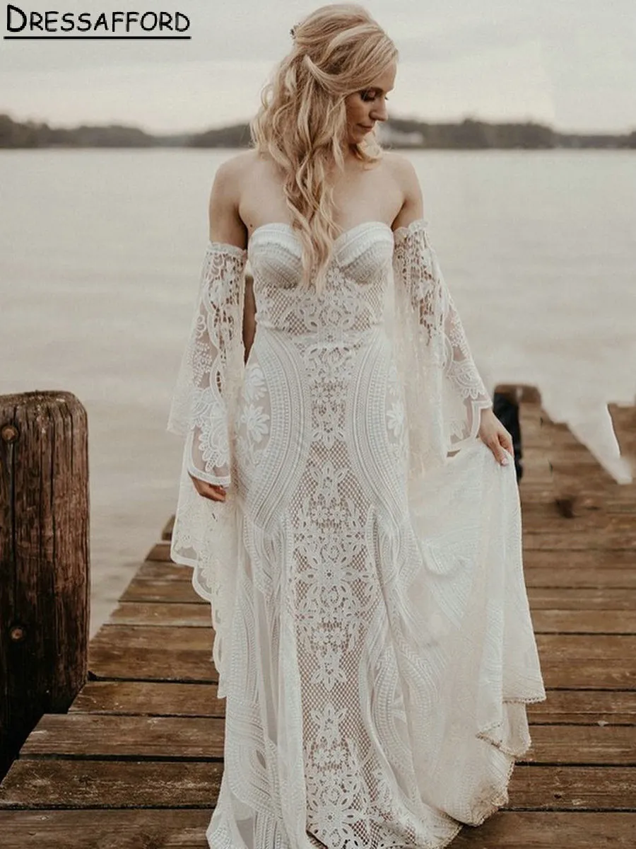 Boheemse lieverd Appliques Lace Mermaid Wedding Jurken Afneembare mouw Bridal Jurys Robe de Mariee