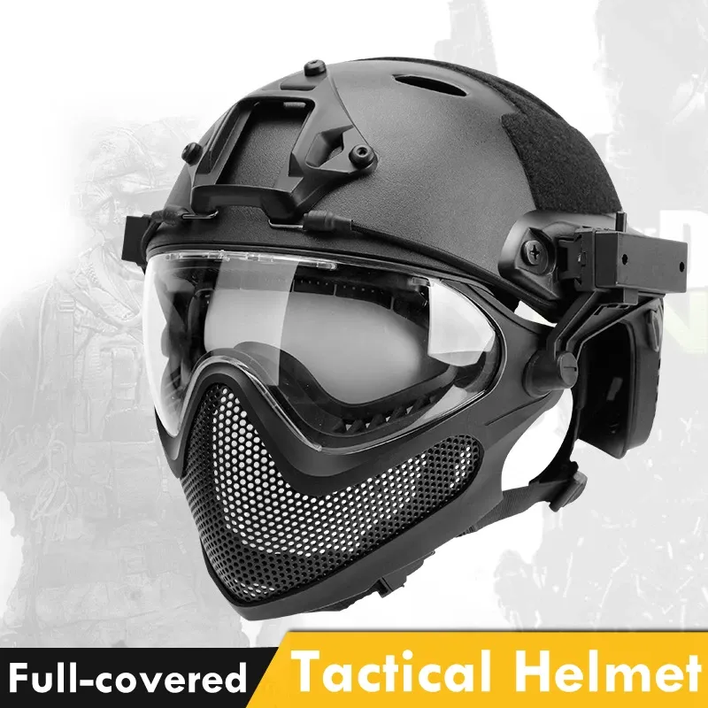 Safety Tactical Helmet with Steel Mesh Mask + Eye Protection Goggles FAST Type Airsoft Painball CS Game Field Full Face Cover Helmets