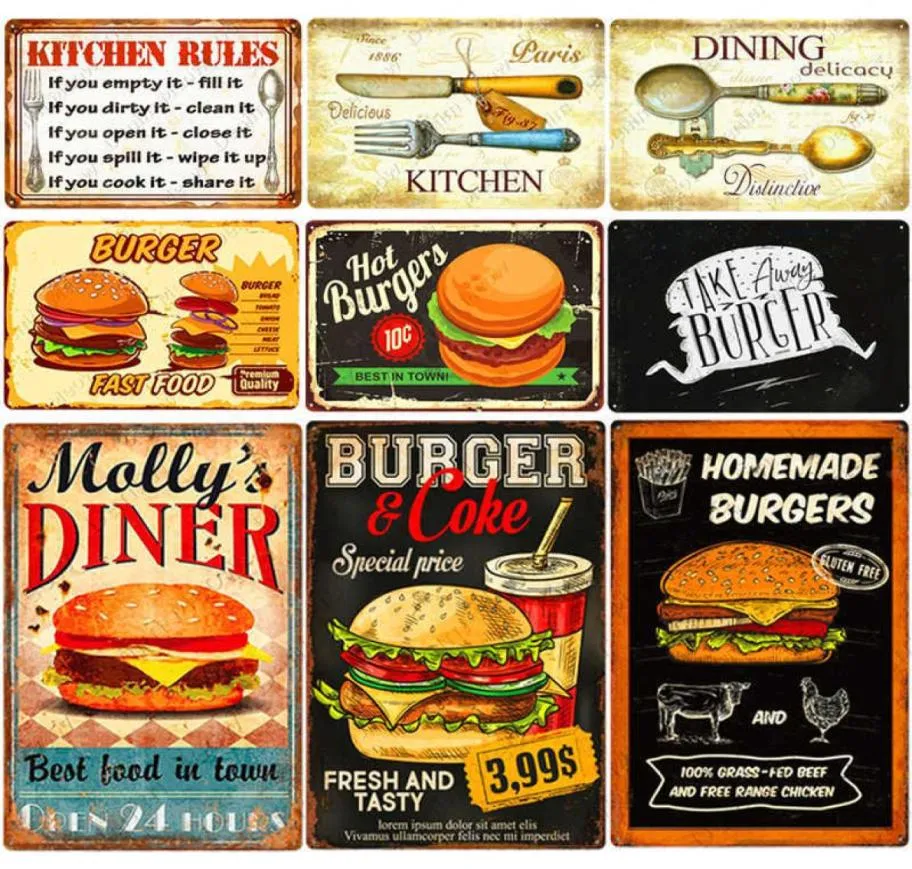 Vintage Mutfak Kuralları Plak Burger Fries Metal Tin Sign Cafe Ev Oda Dekor Fast Food Metal Plaka Yemek Duvar Poster N3766315422