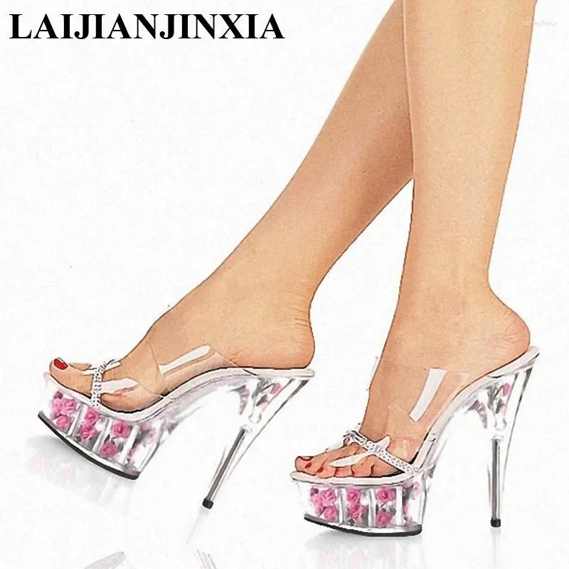 Slippers Laijianjinxia 15cm talons minces chaussures à talons hauts Performance Rose Crystal 6 pouces belles fleurs modernes