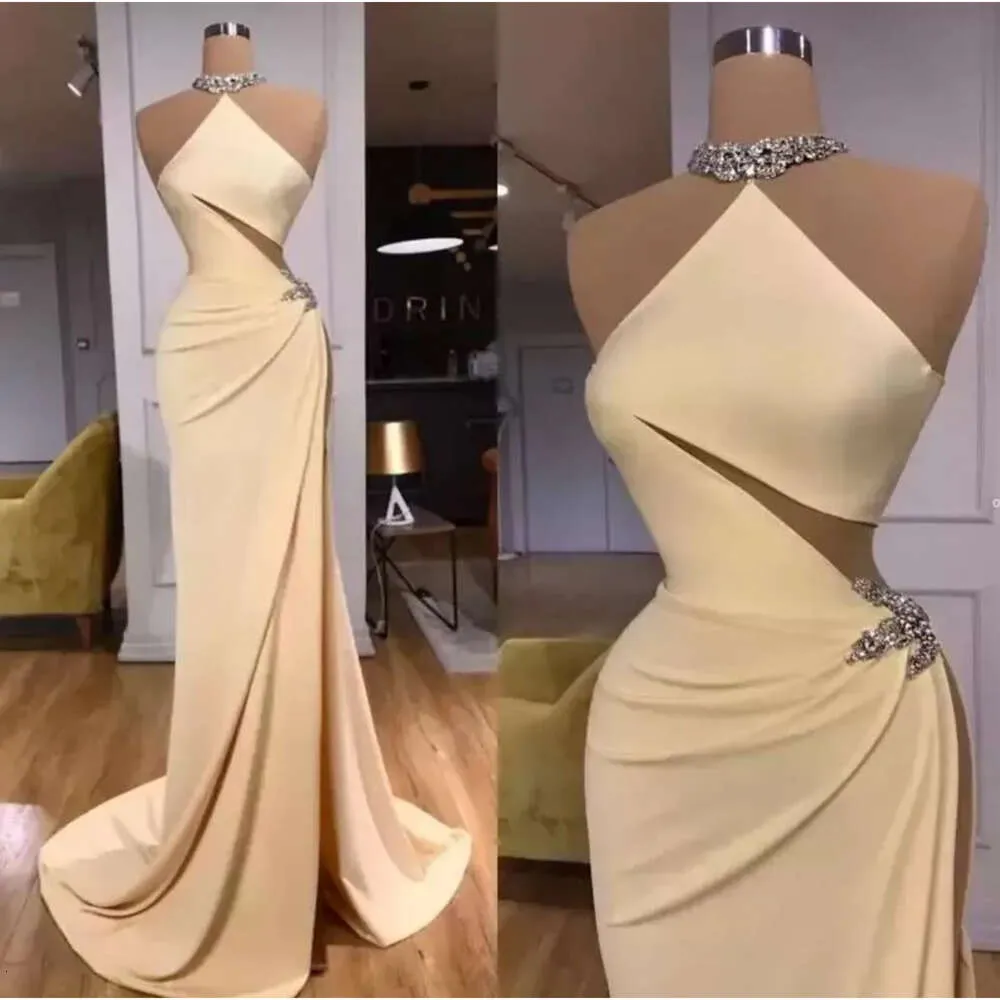 Halter Sleeveless Elegant Simple Mermaid Long Prom Dresses High Split Hollow Out Sexy Backless Evening Gowns Bc14928