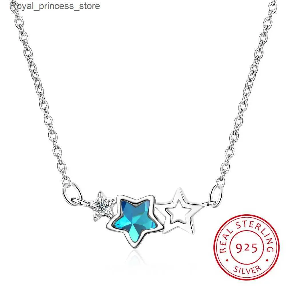 Pendant Necklaces 925 Pure Silver Blue Crystal Zirconia Star Necklace Suitable for Womens Kravik Chain S-N78 Q2404261