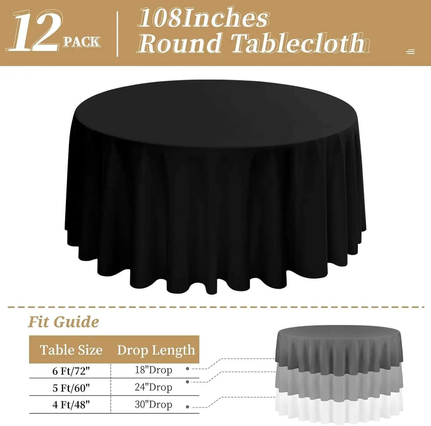 Tabela de mesa 12 Pacote de comprimidos circulares 108 polegadas - toalha de mesa de poliéster preto para toalhas de mesa circulares Tingido de alta qualidade e resistente a rugas FA 240426