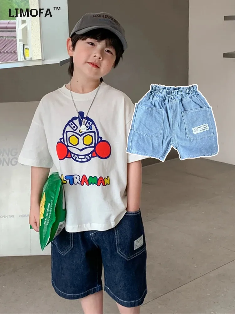 LJMOFA 1-8Y Summer Boys Casual Shorts pour les enfants pour les enfants Toddler Elastic Breft Pant Blue Cotton Beach Soft Baby Clothing D370 240425