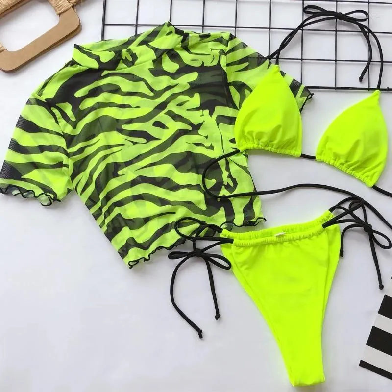 Swimwaies pour femmes Mesh à manches courtes 3 pièces Swimsuit Neon Green High Cut Cabinet Up Bikini Pushini Sépare