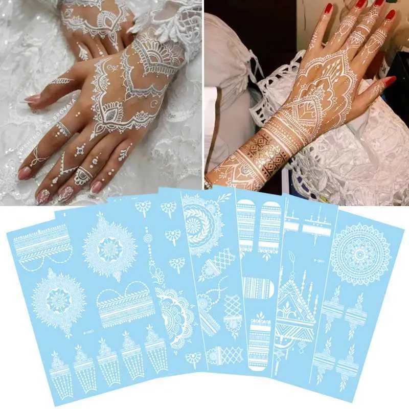 Tatuagem Transferência de renda branca henna tatuagem flash butterfly penas falsas temporárias tatuagens indianas adesivos de verão jóias de beleza de beleza 240427