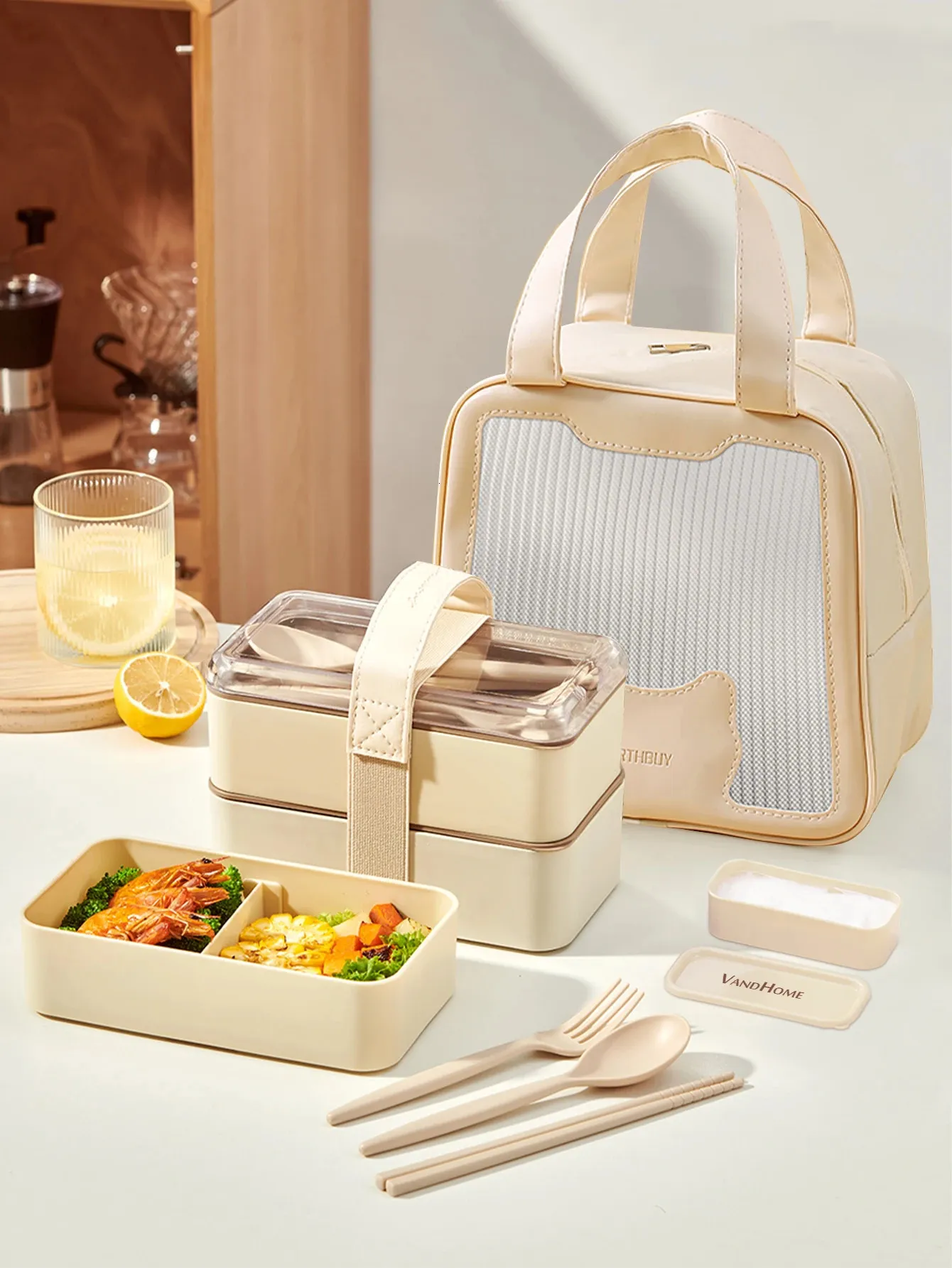 WORTHBUY Portable Doublelayer Lunch Box With Spoon Chopsticks Forks Microwave Heatable Plastic Bento Sealed Food Container 240422