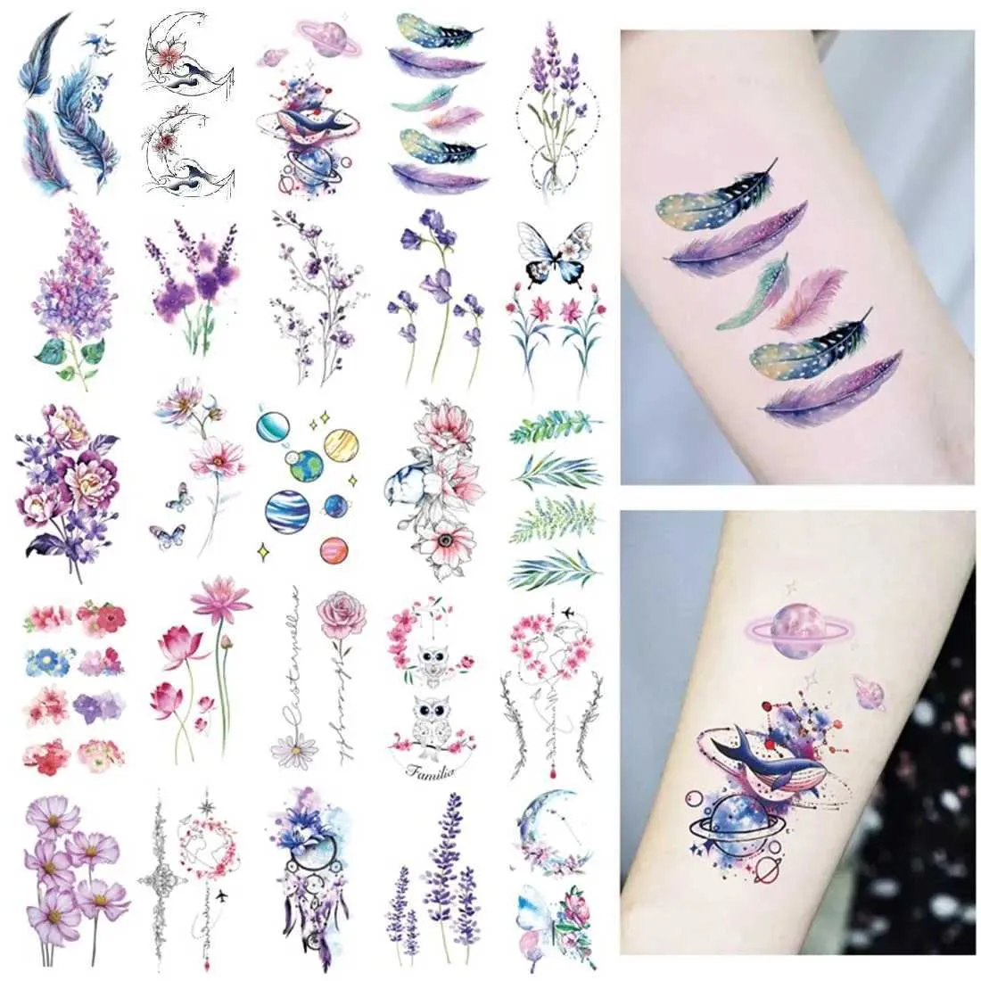 Tattoo Transfer 25 Sheets Ankle Flora Cherry Lavender Flash Fake Waterproof Tattoos Temporary Women Arm Chest Tattoo Stickers Body Art Tatoos 240426