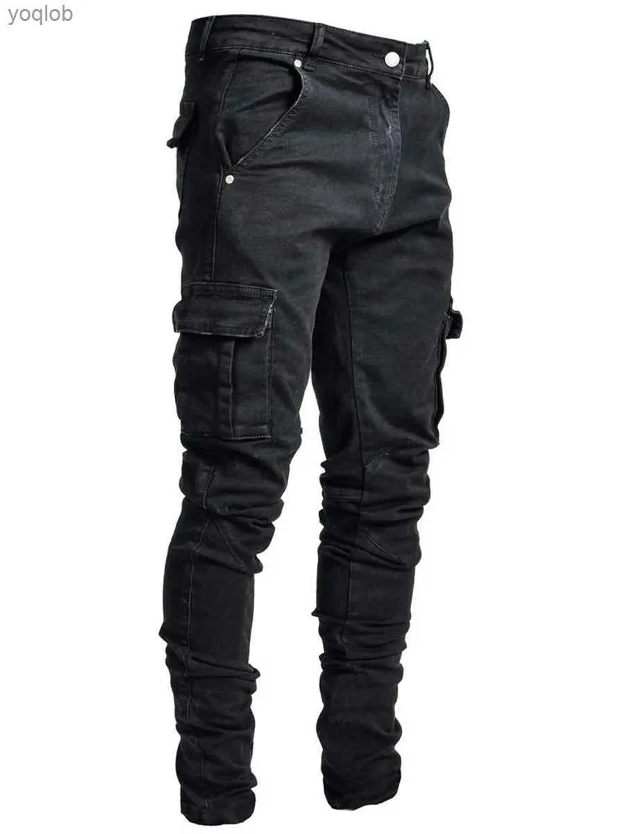Мужские джинсы Мужские брюки черные грузовые брюки с несколькими карманами джинсовая панталоны синие ультратонкие куртка Hombre Fashion Casual Street Clothing Bonders 3xll2404
