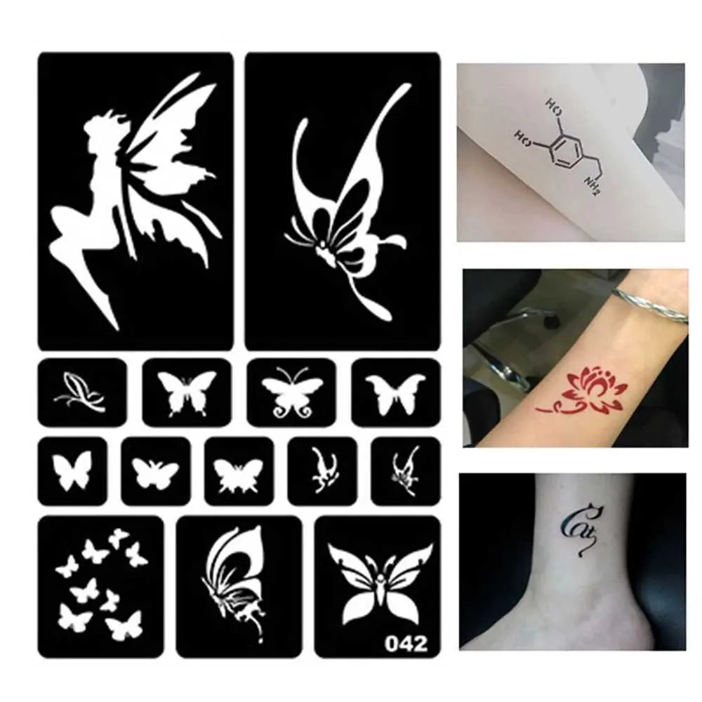 Tatouage Transfert Air Élèvement de paillettes Pochie de tatouage Henné Hollow Drawing Small Flear Flower Butterfly Cartoon Design DIY Corps Art Modèle # 275072 240426