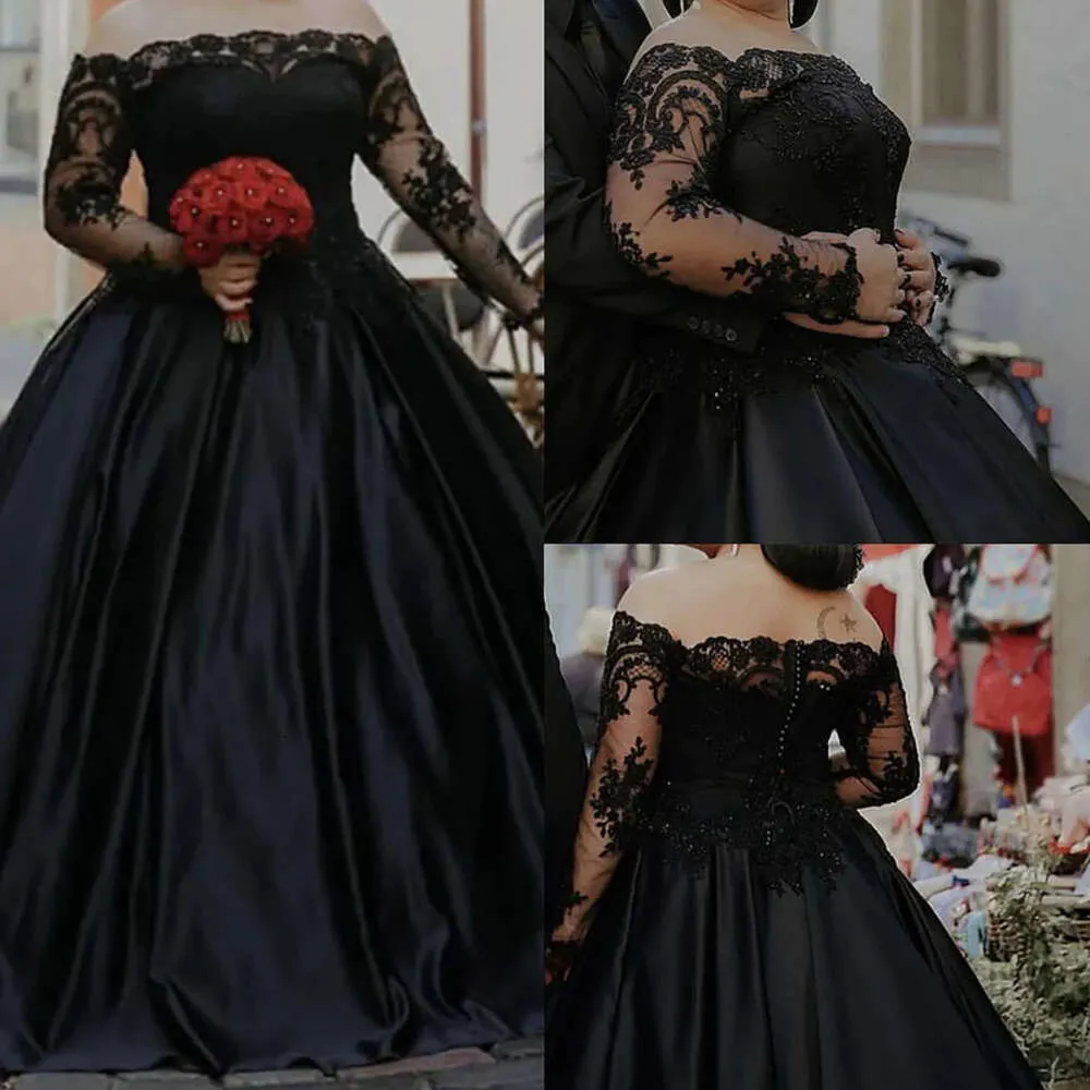 Bröllop Bateau Sleeve Long Black Neck Dresses Gothic Lace Appliques A Line Satin Bridal Gowns Gorgeous Plus Size Brud Wear Custom Made Made