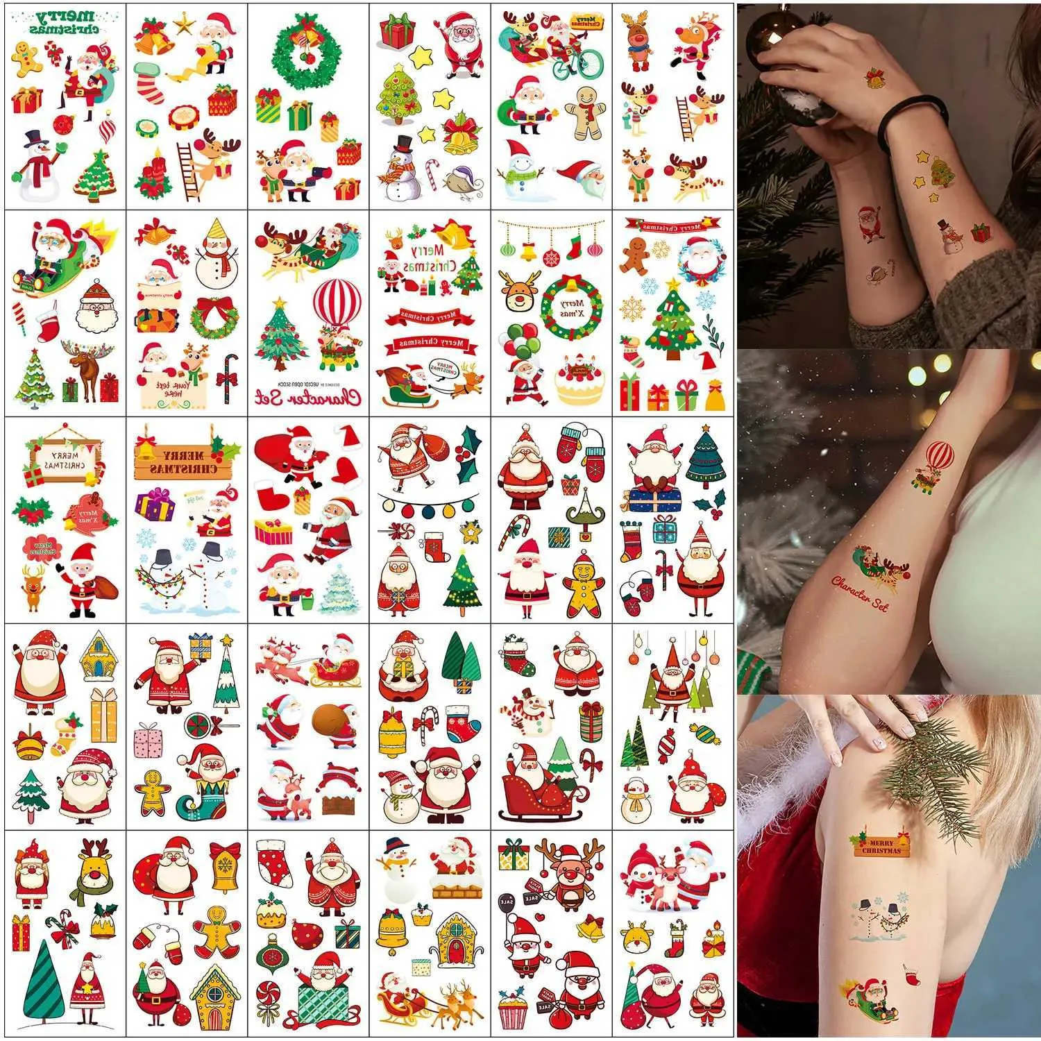 Tätowiertransfer 30 -Blatt -Weihnachts -Cartoon -Muster Tattoo Aufkleber wasserproof Tattoossleigh Santa Clau Weihnachtsbaum Snowman Muster 240427