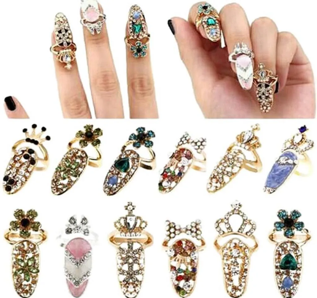 Fashion Rignestone mignon Bowknot Crown Crystal Open Open Nail doigt Personnalité Female Faux Nail Art Rings Bijoux de beauté Sh8409006