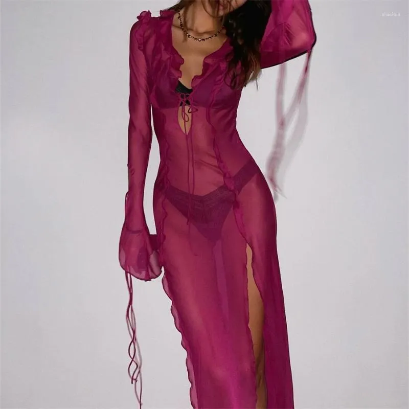 Casual Dresses Women Summer Sexy See Through Ruffles Side Split Dress Sheer Mesh V-neck Tie-up Long Holiday Beach Sundress