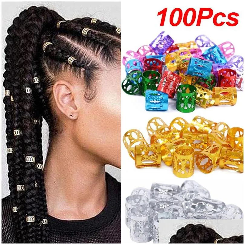 Kopfbedeckungshaarzubehör 100pcs Gold und Sier Dreadlock Ringe Verstellbarer Manschetten Clipbraids Dirty Perlen Haarnadel Schmuckablieferung DH7RJ