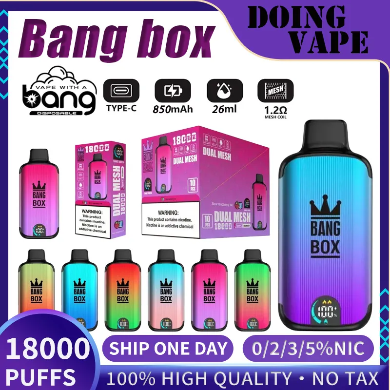 Originele knalbox 18000 Puff Wegbare Puff 18000 Vapes Pen 26 ml Bang Vape 18000 E Sigaret met 850 mAh Batterij 0% 2% 3% 5% Dual Mesh Vaporizer Opladen Mesh Coil Vape Kit