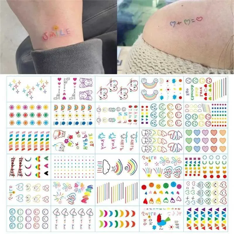 Tattoo Transfer Hyuna Ins Series Colorful Rainbow Expression Tattoo Sticker Face Hand Lovely Art Fake Tatoo Temporary Waterproof Taty 240426