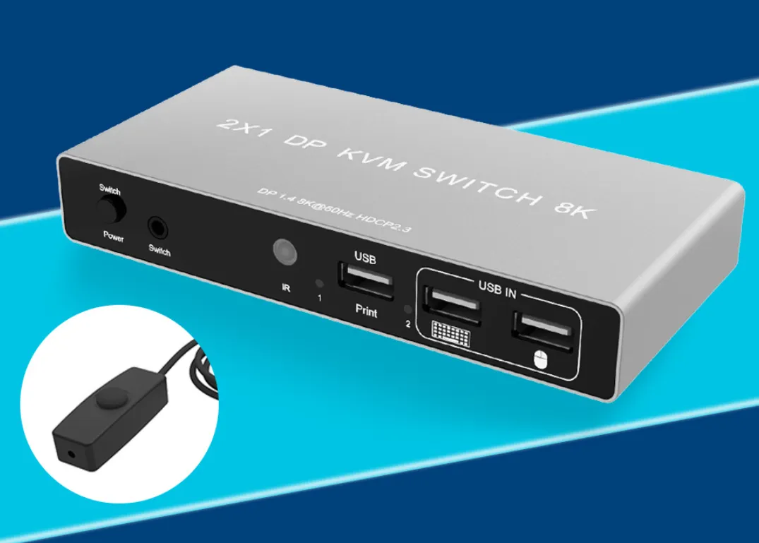 DisplayPort KVM Switch 2x1 4K 60Hz 8K DP USB KVM Switch 2 in 1 uit voor Share Mouse toetsenbordmonitor met desktopcontroller