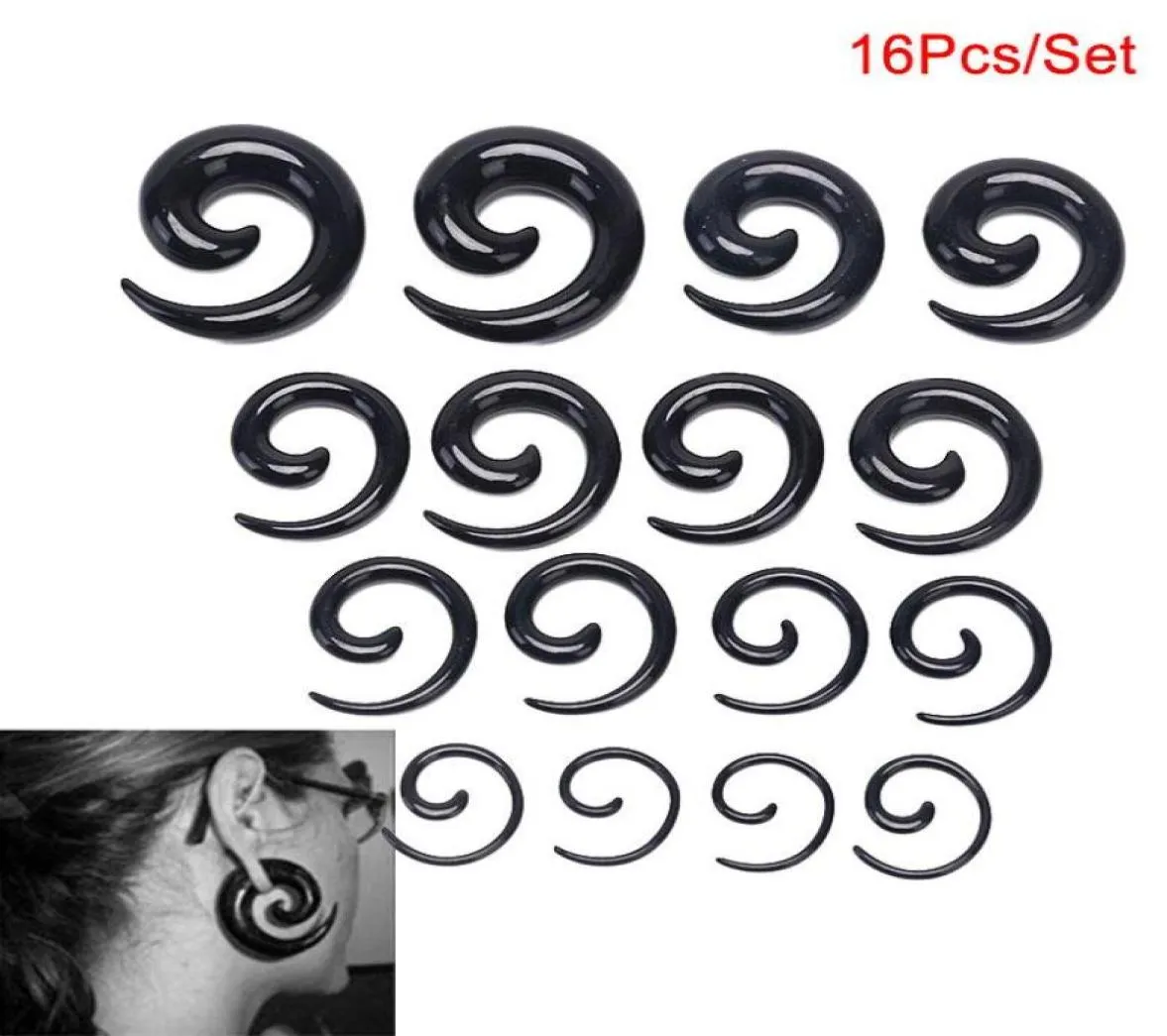 Hoop huggie 16pcsset akryl spiral avsmalnande kött tunnel örat bår expandera stretch plug snail5383223