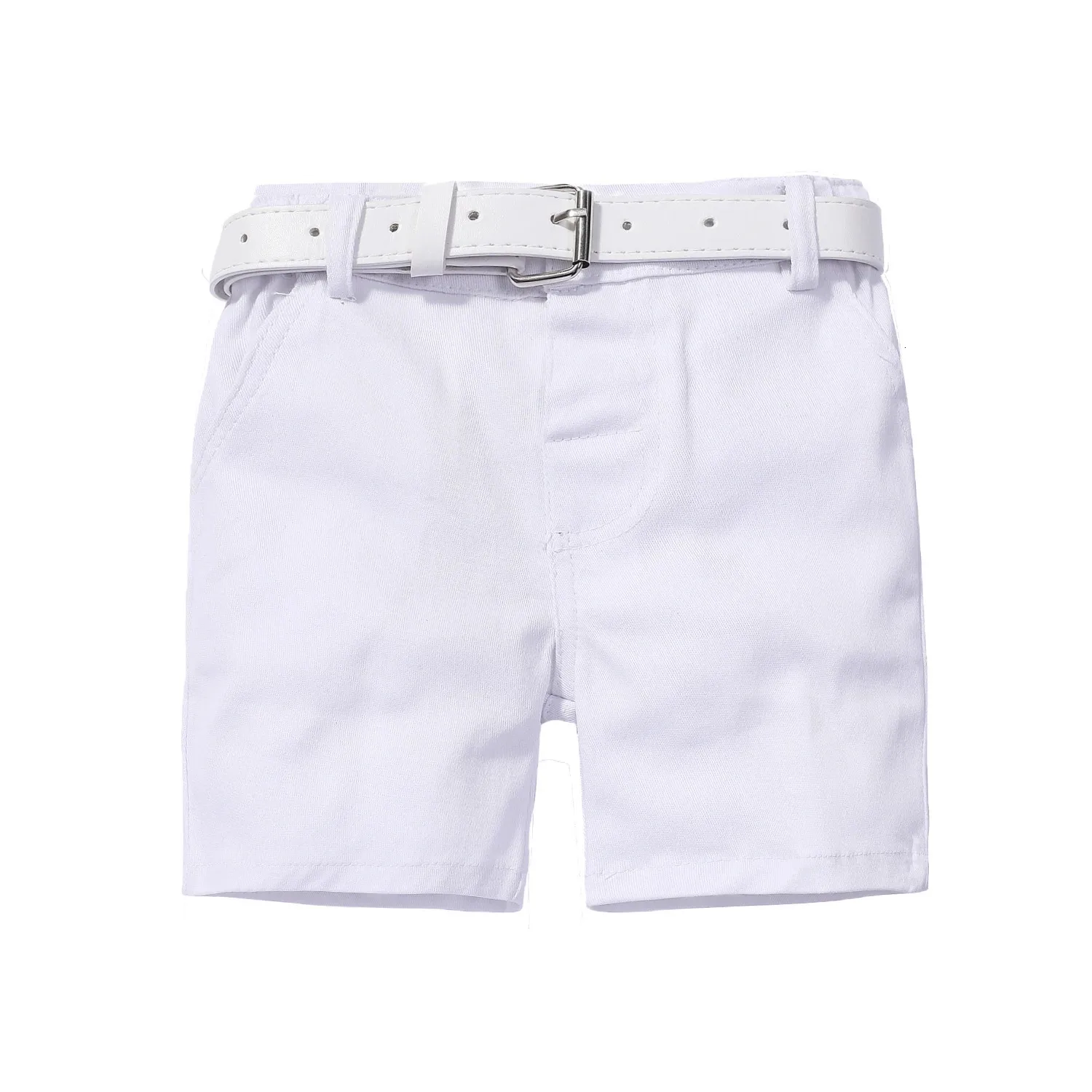 Född dagliga shorts för 1-6y pojkar mode gula vita shorts med bälte 2 datorer för födelsedagsfest för avslappnad outfit 240425