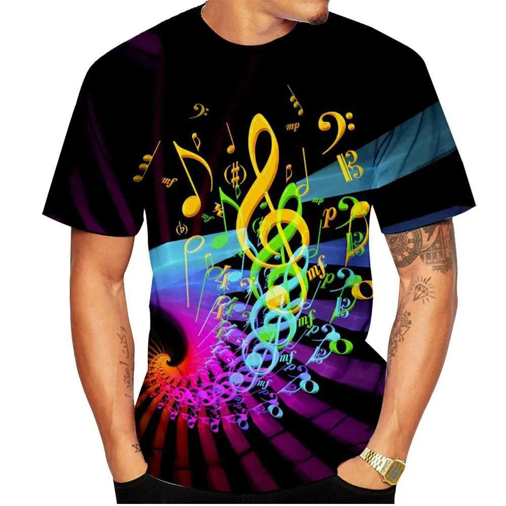 Camisetas masculinas de camisetas masculinas e feminino Casual Casual Round Neck Art Design T-shirt Novo 3D Printing Music Note Summer T240425