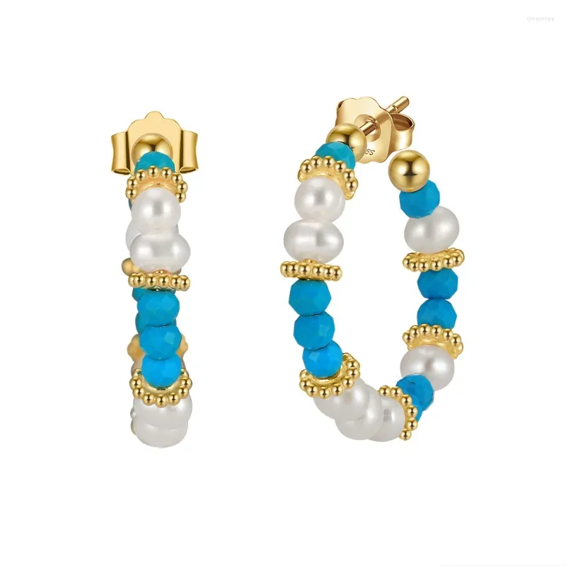 Boucles d'oreilles cerceaux Melynn Bohemia Natural Turquoise Pearl 925 Bijoux en argent en pierre d'or