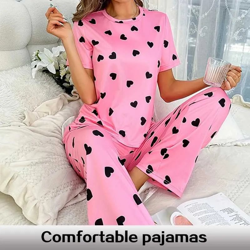 Women's Sleepwear Two Piece Summer New Hot Selling Womens Home Leisure and Comfortable Print Love Pajama Set Y240426