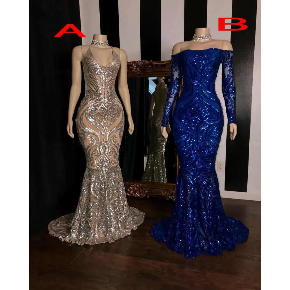 Robes de bal à paillettes Sirène Sparkly Blue Royal Off the épaule Hobe de fête formelle de manches plus de taille plus taille