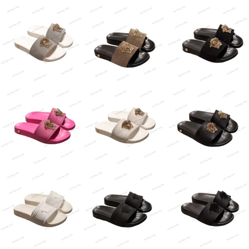 Designer kvinnor tofflor palazzo glida lyxplattform sandaler kvinnor gummi blomma metallhuvud tofflor kvinnor mens pool glider utomhus scuffs plus storlek eur 35-46