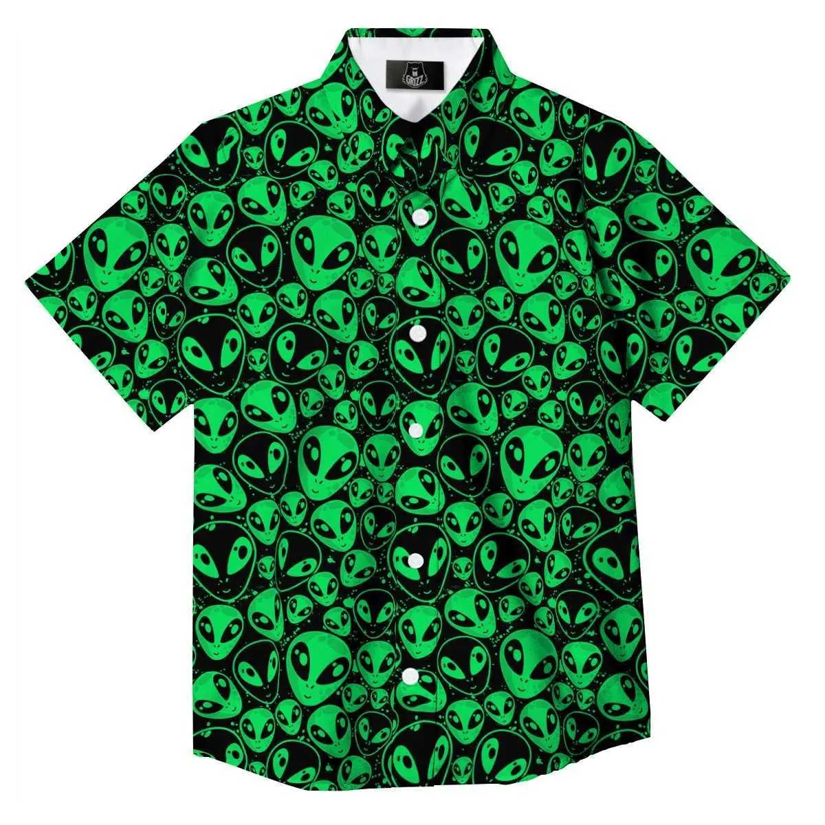 Chemises décontractées pour hommes Chemises hawaïennes pour hommes Alien Head Print Green and Black Shirts plage Bouton décontracté Summer Summer Hawaii Shirts 240424