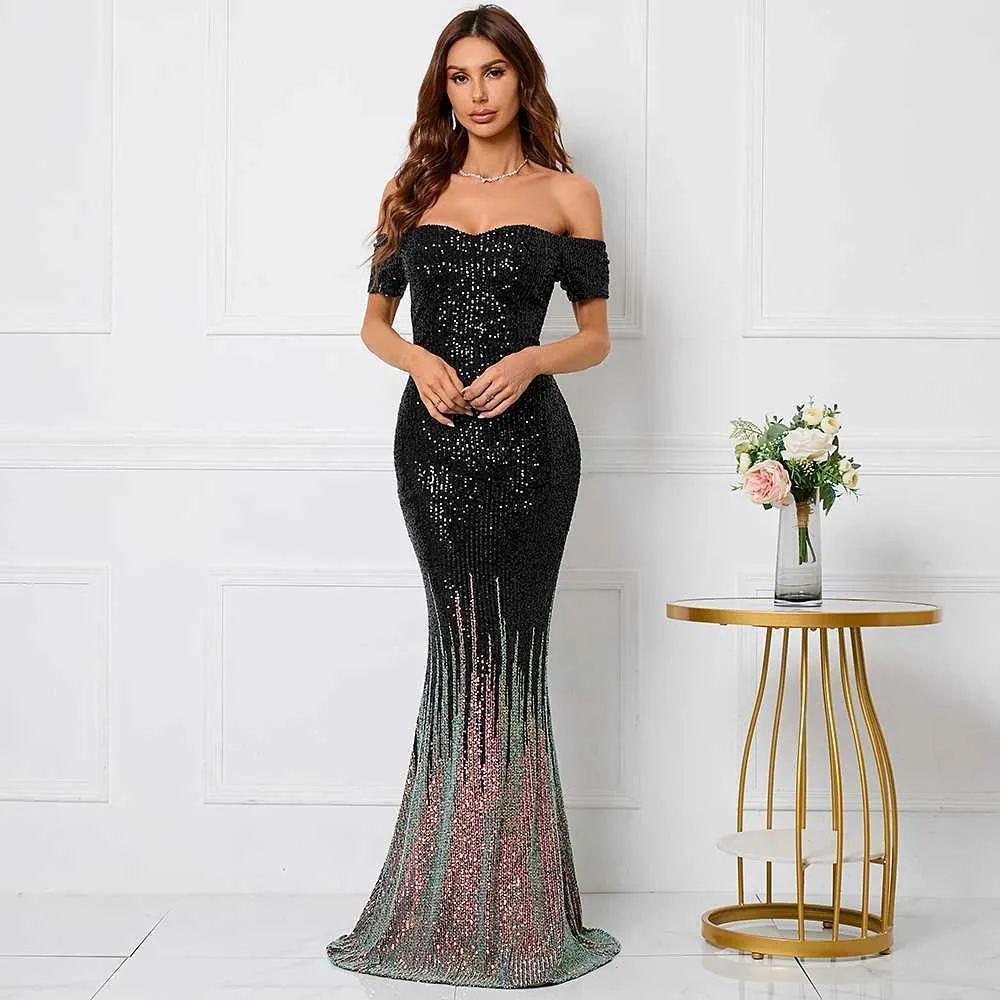 Runway Dresses Yidingzs Women Elegant Boat Neck Party Maxi Dress Off Shoulder Black Sequin Evening Dress Long Prom Dress Y240426