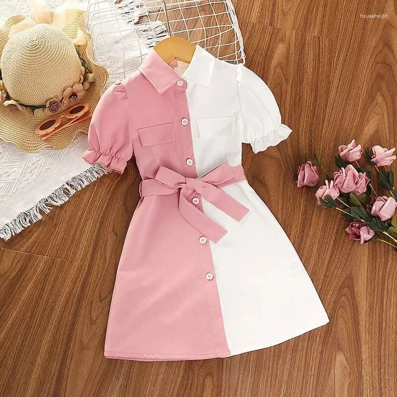 Meisjesjurken shirtjurk voor 4-7 jaar kinderen roze en witte patchwork korte mouw knoop-down babymeisjes vrijetijdsstijl zomerkleding