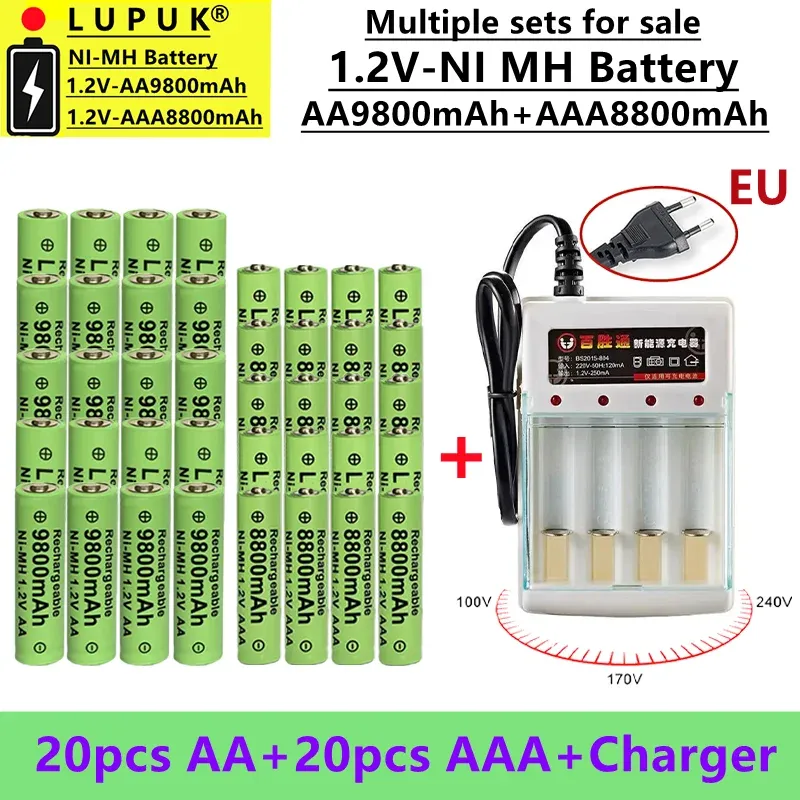 Laddare LUPUK Ny högkapacitet 1.2 Volt AA -laddningsbart batteri, Ni MH -batteri, AA9800 mAh+AAA8800 mAh, säljs med laddningssats