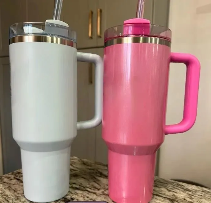 US Stock 40oz Quencher Tumblers Pink Co-bandsmo Black Chroma Spring Blue Flamingo Stainless Steeld Vetion Coups مع أكواب مقبض سيليكون مقبض سيارة 59