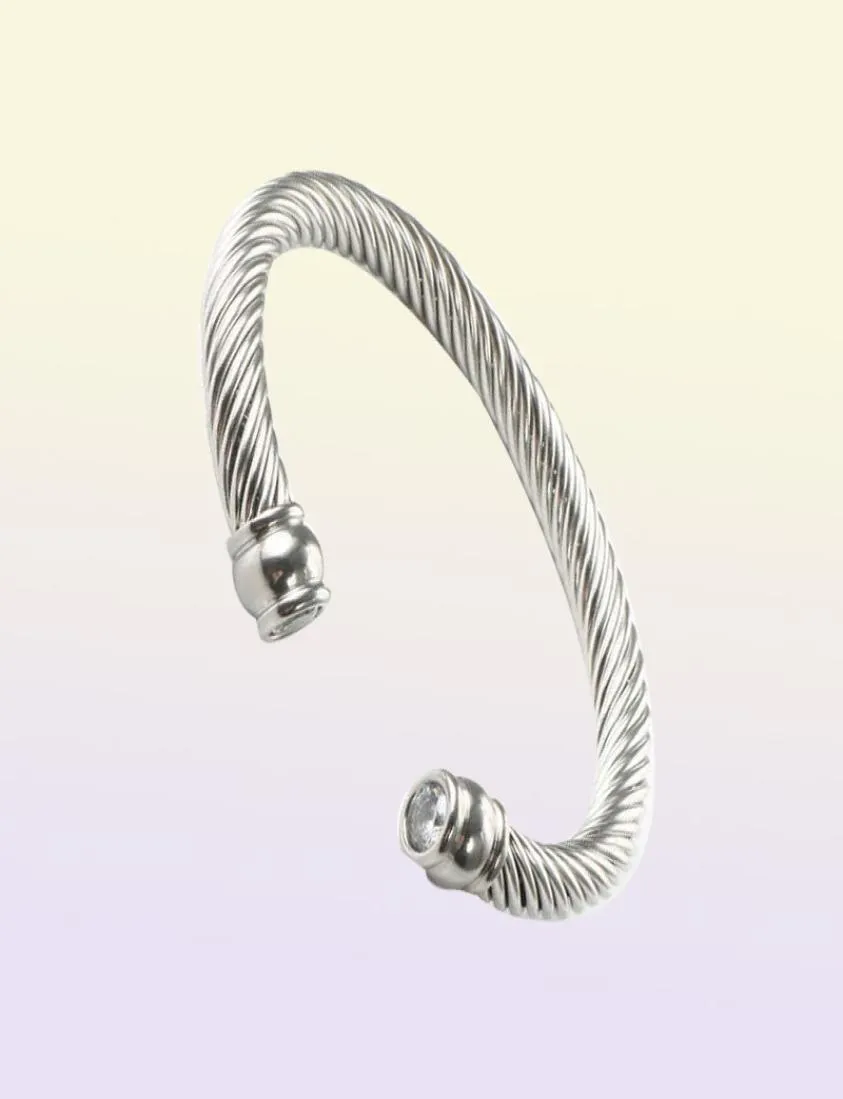 Lyxiga män Twisted Cable Open Cuff Bangle Steel Cubic Zirconia Crystal Stone Charm Armband för män Kvinnor Q07193622213