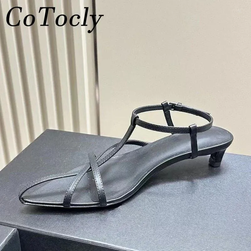 Casual Shoes Summer Kitten Heels Sandals Women T-tied Thin Strap Pointed Toe Party Female Genuine Leather Gladiator