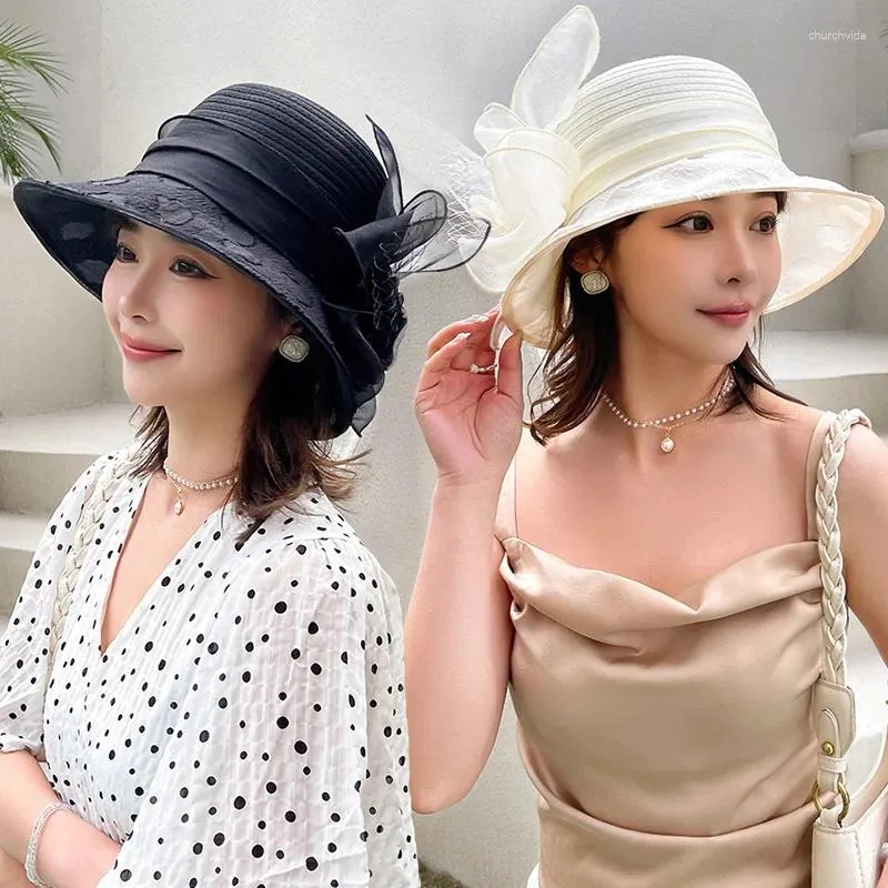 Wide Brim Hats Elegant Bow Bucket Hat Fedora Women Summer Foldable Sun Cap Flower Wedding Tea Party