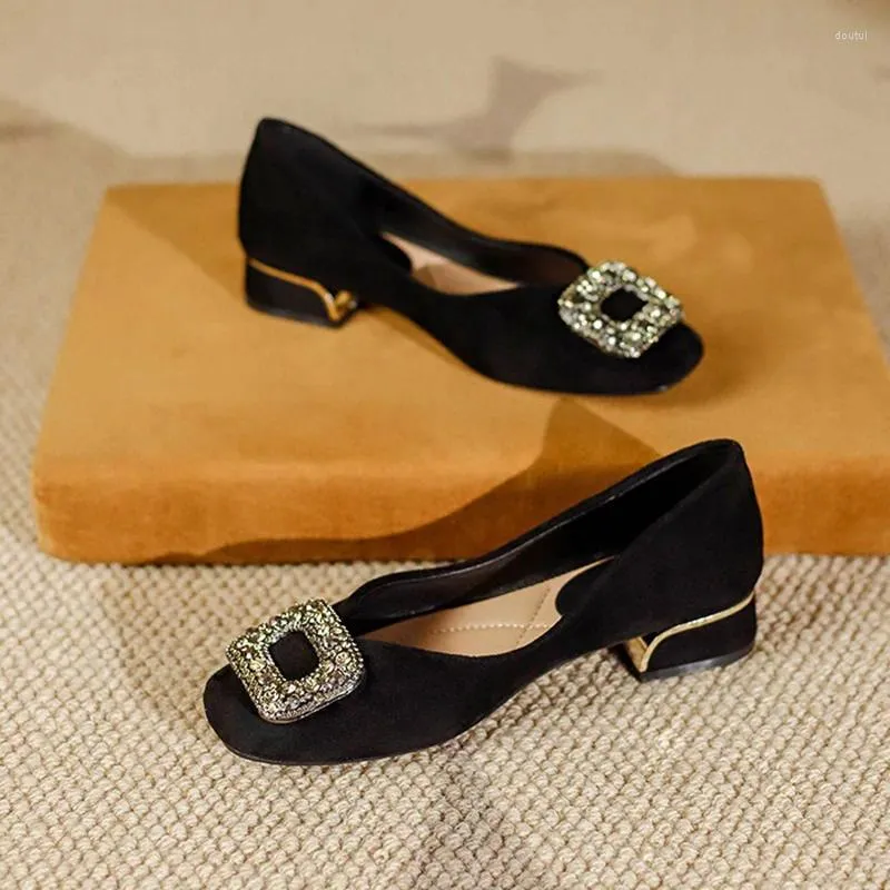 Dress Shoes Women 3cm 5cm High Heels Square Toe Suede Pumps Female Comfortable Sparkly Crystal Lady Buckle High-End