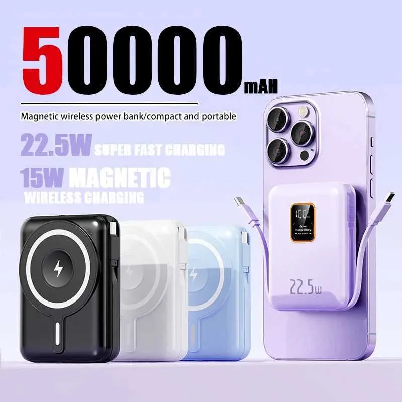 Cell Phone Power Banks Magnetic wireless 50000mah power pack with 22.5W ultra fast charging built-in display cable external battery 240424