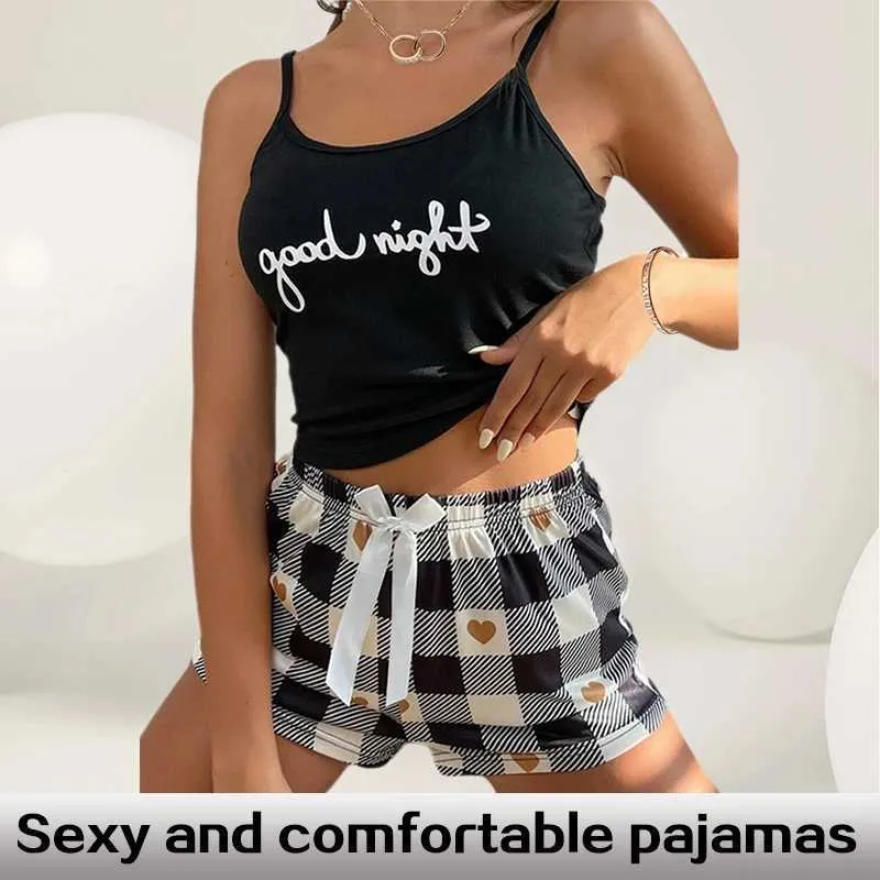 Dames slaapkleding Tweede stuk dames zomerhuis set met ronde nek Suspender Letter Vest boog plaid shorts pyjama set y240426